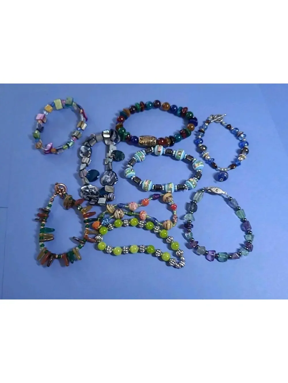 Lot Of 9 Beaded Stretch Braclets. Mixed Stones & Materials